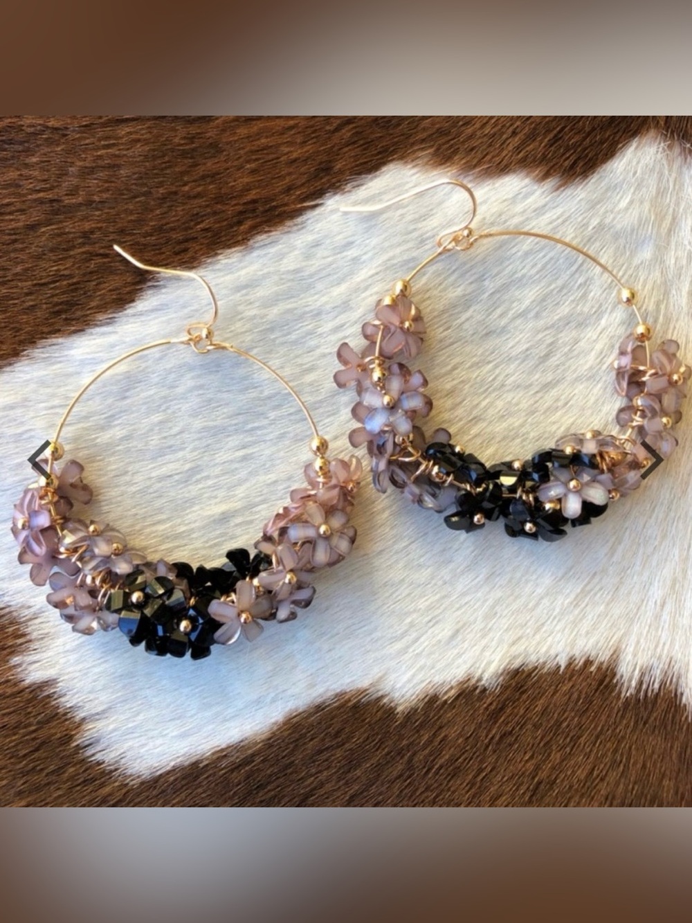 Black Ombre Floral Hoop Earrings
